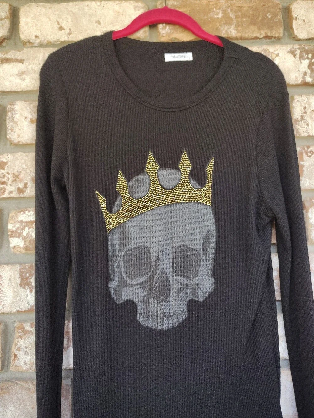 LAUREN MOSHI McKinley Black Thermal Top Crystal Crown Skull Graphic Tee Size L